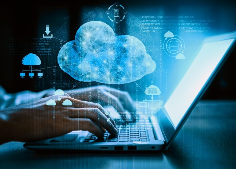 Cloud computing technology and online data storage for business network concept. Computer connects to internet server service for cloud data transfer presented in 3D futuristic graphic interface. uds