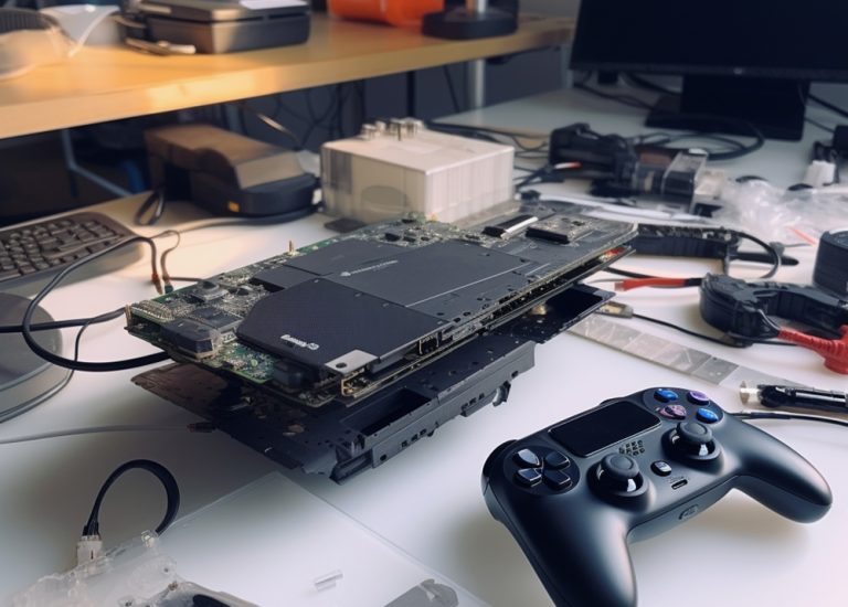 there is a computer and a game controller on a desk. generative ai.